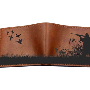 Cartera de cuero hecha a mano con paisaje de caza/Pato, ánade real, regalo de cuero de primera calidad/Cartera navideña con paisaje panorámico de regalo
