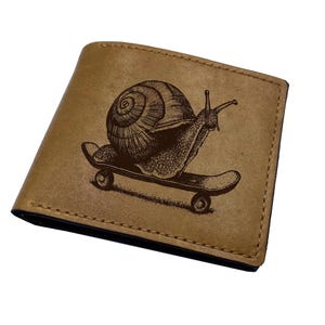 Cartera de cuero premium con forma de caracol para andar en patineta, regalo de cuero único con forma de animal con caparazón personalizado, billetera personalizada hecha a mano, billetera nueva navideña
