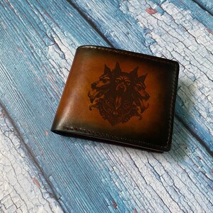 Three headed Wolf tattoo Genuine Leather wallet, premium leather men wallet, Handmade myth Cerberus gift, Christmas Day custom men wallet