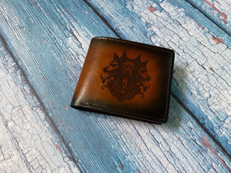 Three headed Wolf tattoo Genuine Leather wallet, premium leather men wallet, Handmade myth Cerberus gift, Christmas Day custom men wallet