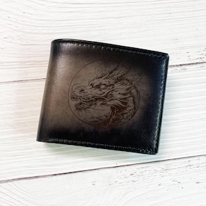 Cartera de cuero premium con diseño de dragón, regalo de cartera de cuero genuino de vaca, regalo de cartera de cuero de dragón hecha a mano, cartera de dragón personalizada para hombre para Navidad