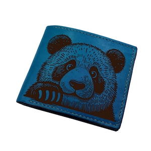 Cartera de piel auténtica con diseño de panda, ideal como regalo único para el Día del Padre, hecha a mano.