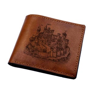 Cartera de cuero premium con diseño de gran castillo, cartera para hombre hecha a mano con grabado de nombre, regalo personalizado hecho a mano, nueva cartera para el Día del Padre