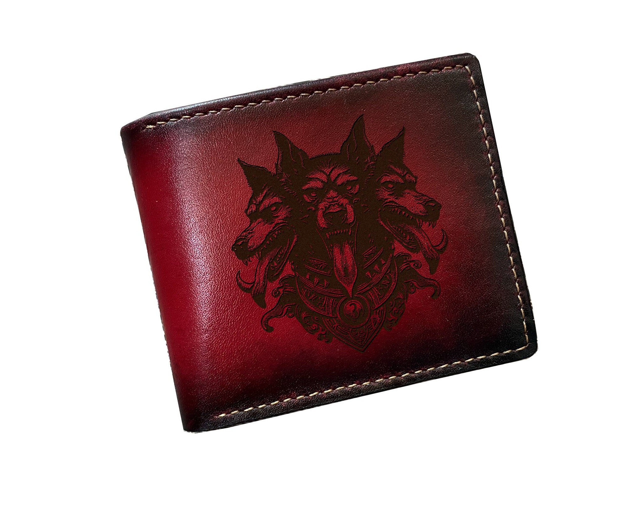 Handmade Leather Wallet: Three-Headed Wolf, Mythical Cerberus patina dying wallet