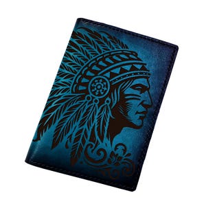 Funda de pasaporte de cuero premium con retrato de jefe indio, billetera para pasaporte hecha a mano con motivos de cultura estadounidense, accesorios de viaje premium para el Día del Padre