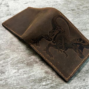 Cartera de cuero genuino T-rex prensado hidráulicamente, cartera hecha a mano de primera calidad, cartera que nunca se descolora, cartera navideña con esqueleto de tiranosaurio