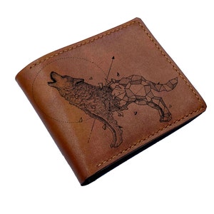 Cartera de cuero genuino con diseño geométrico de lobo para hombre, billetera de cuero de tres pliegues de primera calidad, regalo de animal salvaje hecho a mano, idea de regalo de billetera navideña personalizada