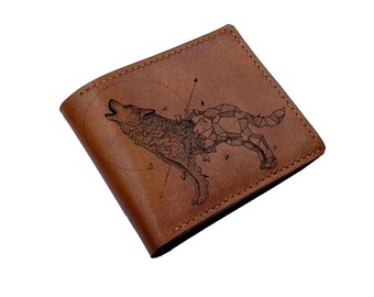 Portefeuille géométrique en cuir de loup, portefeuille à trois volets gravé