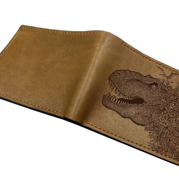 T-rex Doodles premium men wallet, Dinosaur Fossil Leather handmade unisex wallet, Jurassic gift for him, Christmas trifold leather wallet