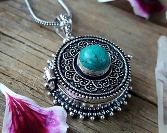 Tibetan Silver Buddhist Bohemian Authentic Turquoise Gemstone Healing Pendant with Mantras Hand Crafted Tribal Gypsy Pendant