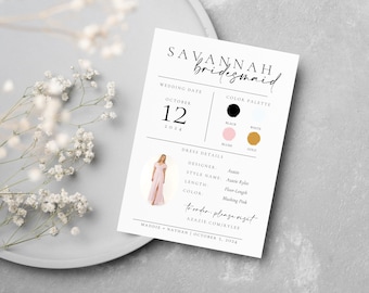 Wedding Party Bridesmaid Info Card, Bridesmaid's Dress Guide, DIY Print-Your-Own