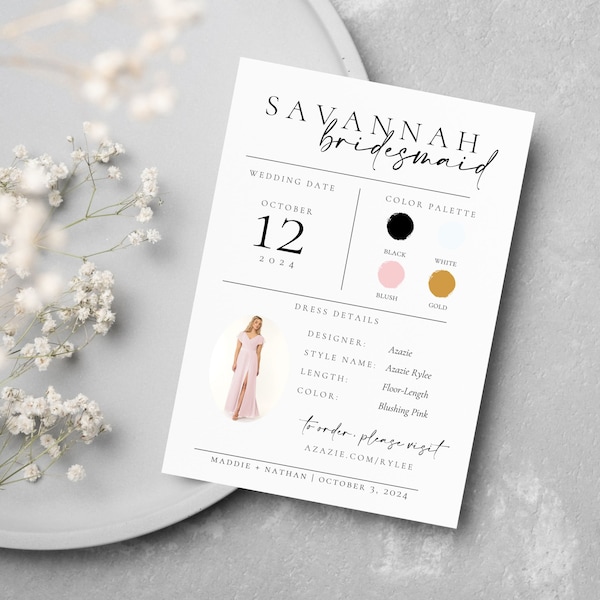 Wedding Party Bridesmaid Info Card, Bridesmaid's Dress Guide, DIY Print-Your-Own