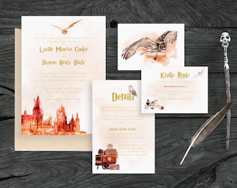 May include: A set of wedding invitations with a magical theme. The invitations feature watercolor illustrations of a castle, an owl, and a golden snitch. The text includes the names Lucille Minerva Cooke and Duncan Henty Black.