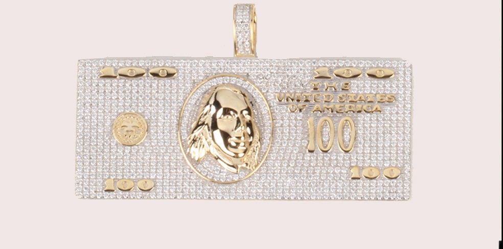 100 Dollar Bill Pendant 14k Gold Plated on 925 Sterling Silver 