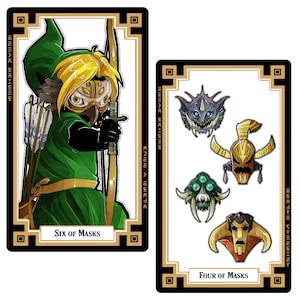 May include: Two playing cards with a gold border and a white background. The card on the left features a cartoon character wearing a green tunic and a mask. The card on the right features four masks. The card on the left says "Six of Masks" and the card on the right says "Four of Masks".