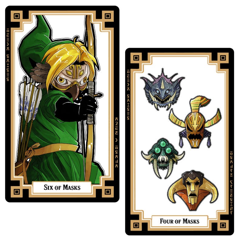 May include: Two playing cards with a gold border and a white background. The card on the left features a cartoon character wearing a green tunic and a mask. The card on the right features four masks. The card on the left says "Six of Masks" and the card on the right says "Four of Masks".