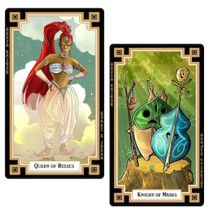 May include: Two tarot cards with a black border and gold accents. The card on the left features a woman with red hair wearing a white and gold outfit. The card on the right features a green and blue creature with a mask. The card on the left is labeled "Queen of Relics" and the card on the right is labeled "Knight of Masks".