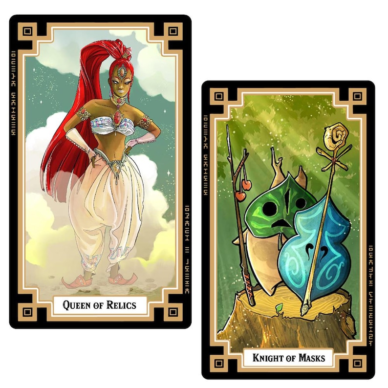 May include: Two tarot cards with a black border and gold accents. The card on the left features a woman with red hair wearing a white and gold outfit. The card on the right features a green and blue creature with a mask. The card on the left is labeled "Queen of Relics" and the card on the right is labeled "Knight of Masks".