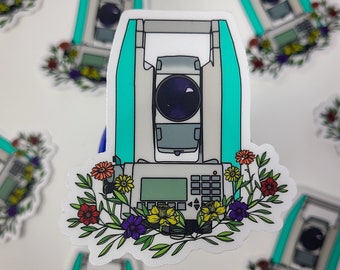 Survey Total Station with Flowers - Clear Backing Sticker