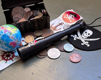 Pirate Treasure Set: 100 Vintage World Coins, Chest, Globe, Eye Patch, Spyglass