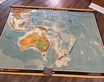Large (6ft x 8ft), Vintage, Wall Map of Australia, Hawaii, and Oceania