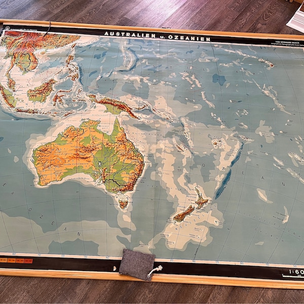 Large (6ft x 8ft), Vintage, Wall Map of Australia, Hawaii, and Oceania