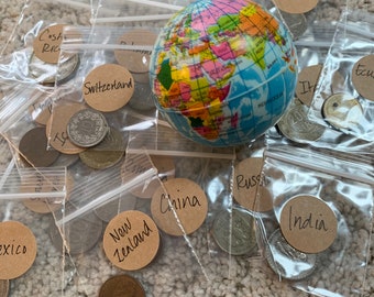 World Geography Learning Kit: Squishy Globe & Vintage Foreign Coins