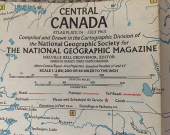 Vintage National Geographic Map of Central Canada