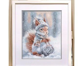 Fluffy Squirrel Cross Stitch Kit, 16 Count White Canvas, 16 Colors, 23 × 29 cm, Animal Theme, Oven, PNK Kirov Threads
