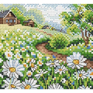 May include: A cross-stitch embroidery pattern depicting a rural landscape with a brown house, a winding dirt path, and a field of white daisies with yellow centers. The scene includes green trees, a blue sky, and textured stitches in shades of green, blue, and brown.