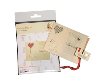 Wooden I Love You Card with Elephant and Cross Stitch, Kind Fox by Wizardi, Romantic Keepsake Decor