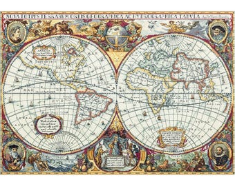 World Map Cross Stitch Kit, Geographic Design with Aida Fabric, Cotton Thread, Needle and Instructions by PANNA or KLART
