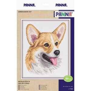 May include: A Panna embroidery kit featuring a cross-stitch pattern of a Welsh Corgi dog. The packaging displays the dog's head with tan and white fur, pointed ears, and a pink tongue. The kit includes a 20 by 25 cm canvas and 60 cm of thread.