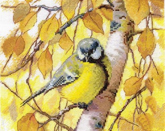 Cross Stitch Embroidery Kit with Tit Bird Design, Andriana, Aida Fabric, Cotton Threads, Needle, 19.5 × 19.5 cm, Multicolor