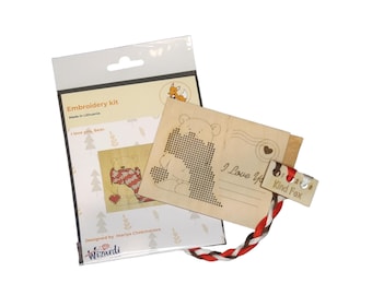 Wooden I Love You Card with Cross-Stitched Bear, Kind Fox by Wizardi, Romantic Keepsake Decor
