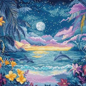 Kit per ricamo a punto croce Blue Mirage 32×22 cm, Letistitch, tonalità di blu, tessuto Aida, fili di cotone, ago e schema inclusi.