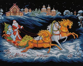 PANNA Cross Stitch Kit Santa Claus Trio, 66.5 x 44 cm, Black Aida 18 Canvas, Beads, Advanced Winter Christmas Design