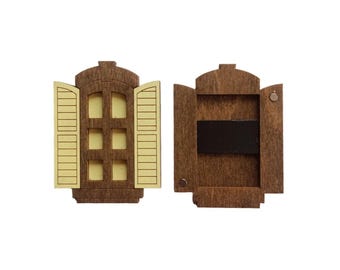Wooden Needle Case with Yellow Window Motif, Kind Fox by Wizardi, 5.5 x 7 cm Plywood Sewing Storage