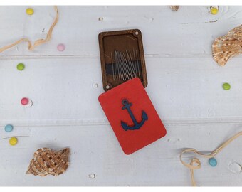Wooden Needle Case with Anchor, 5 × 7 cm Sewing and Knitting Notions Holder, Kind Fox by Wizardi Plywood Craft Organizer