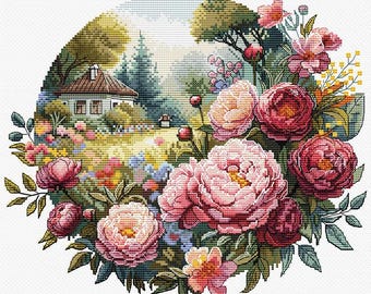 May include: A circular cross-stitch embroidery pattern featuring a vibrant cluster of pink and red peonies in the foreground. The background depicts a small white house with a brown roof nestled in a lush garden with green trees and colorful flowers.