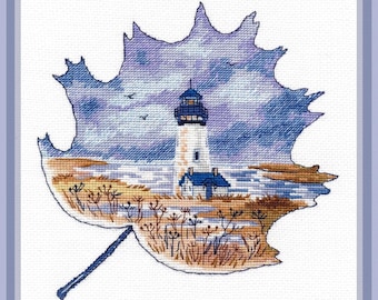 Yaquina Head Lighthouse Cross Stitch Kit, Zweigart 16 Count, 17 Colors, 18×16 cm, Printed Chart and Instructions