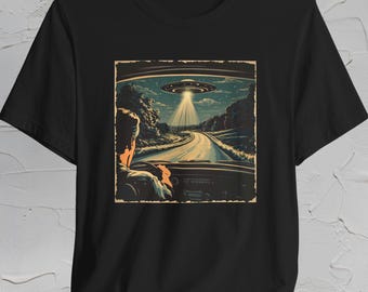 Alien Encounter Unisex Tee, UFO Abduction Graphic Shirt, Extraterrestrial Road Trip , UFO T-Shirt