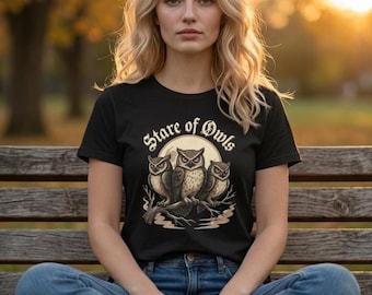Stare of Owls Tee | Vintage Owl Trio Illustration, Moonlit Night
