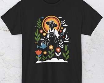 Woman Watering Garden Tee | Minimalist Gardening Graphic Shirt