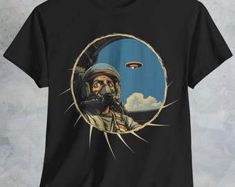 UFO Encounter T-Shirt: Fighter Pilot, Alien Spaceship - Sci-Fi Tee