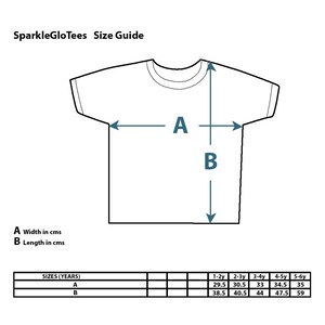 May include: Size guide for children's t-shirts with measurements in centimeters for width and length. The chart shows sizes from 1-2 years to 5-6 years.