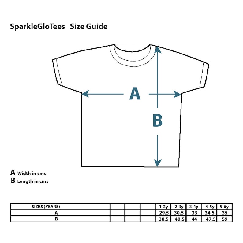 May include: Size guide for children's t-shirts with measurements in centimeters for width and length. The chart shows sizes from 1-2 years to 5-6 years.