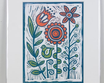 Hand printed linocut artwork "In My Garden"