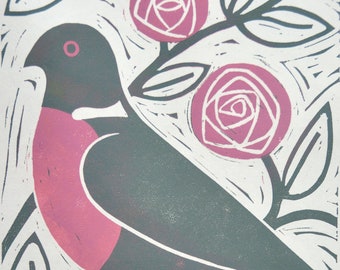 Hand printed linocut artwork "Wood Pigeon"