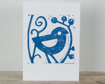 Hand printed greeting card "Blue Bird's Friend" by artist Melissa Birch